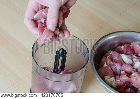 Step By Step Preparation Of Homemade Chopped Ham. Step 3: Part Of The Meat Put In A Mixer To Make Mi