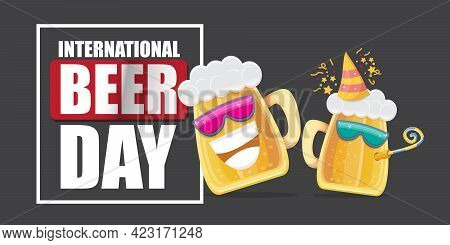 Happy International Beer Day Horizonatal Banner With Cartoon Funny Beer Glass Friends Characters Wit
