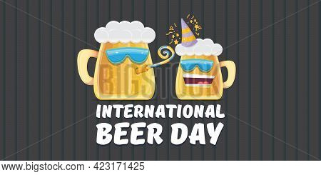 Happy International Beer Day Horizonatal Banner With Cartoon Funny Beer Glass Friends Characters Wit