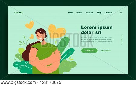 Happy Woman Self Hugging Flat Vector Illustration. Cartoon Positive Girl In Blue Shirt Holding Or Em