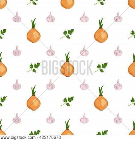 Cute Seamless Pattern With Garlic, Onion And Parsley Herbs. Vegetable Harvest Print. Summer Or Autum