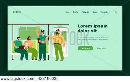 People Inside Subway Or Underground Train Flat Vector Illustration. Cartoon Passengers Using Metro O
