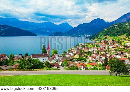 Weggis Aerial Panoramic View. Weggis Is A Town On The Northern Shore Of Lake Lucerne In The Canton O