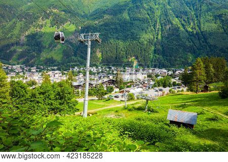 Chamonix Cable Car Aerial Panoramic View. Chamonix Mont Blanc Is A Commune And Town In South Eastern