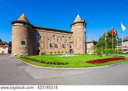 Medieval Castle In Morges. Morges Is A Town On The Shores Of Lake Geneva In The Canton Of Vaud In Sw