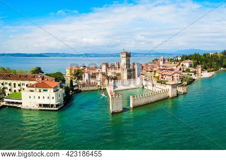 Scaligero Castle Aerial Panoramic View. Scaligero Castle Is A Fortress In The Historical Center Of S