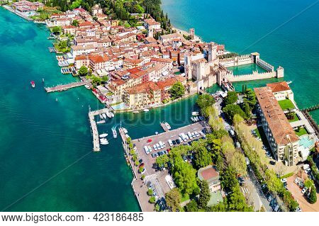 Scaligero Castle Aerial Panoramic View. Scaligero Castle Is A Fortress In The Historical Center Of S