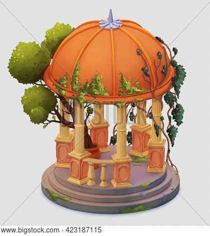 Gazebo With Climbing Plants And Potted Tree. Isometric View. Hand Drawn Illustration