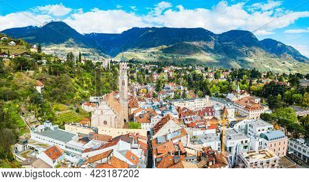 St. Nicholas Church Aerial Panoramic View In Merano. Merano Or Meran Is A Town In South Tyrol In Nor