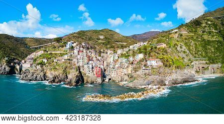 Riomaggiore Aerial Panoramic View. Riomaggiore Is A Small Town In Cinque Terre National Park, La Spe
