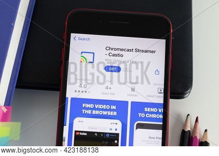New York, Usa - 1 June 2021: Chromecast Streamer Castio Mobile App Logo On Phone Screen, Close-up Ic