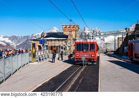 Zermatt, Switzerland - July 16, 2019: Train Near The Gornergrat Bahn Railway, A Mountain Rack Railwa