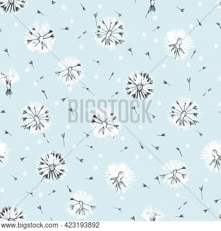 Seamless Pattern With Delicate Dandelion Flower Heads On Blue Background