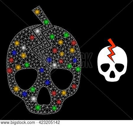 Shiny Mesh Web Death Strike With Colored Light Dots. Constellation Vector Mesh Created From Death St