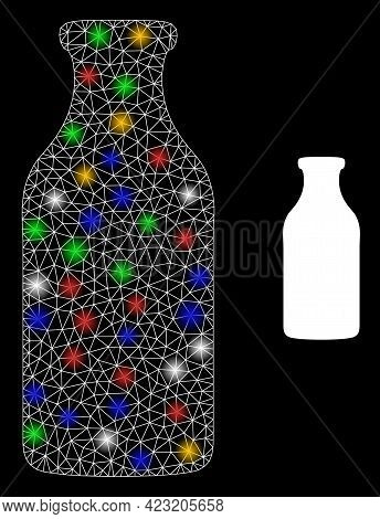 Shiny Mesh Net Bottle With Multicolored Flash Nodes. Constellation Vector Frame Created From Bottle 
