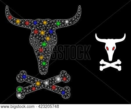Flare Mesh Web Dead Bull Bones With Vibrant Lightspots. Illuminated Vector Mesh Created From Dead Bu