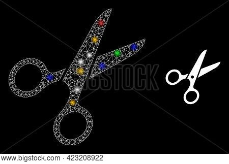 Bright Mesh Net Scissors With Multicolored Bright Dots. Constellation Vector Frame Created From Scis