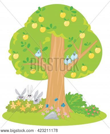 Cartoon Yellow Apple Tree With 3 Cute Birds, 3 Bunnies And 3 Butterflis Vector Illustration For Chil
