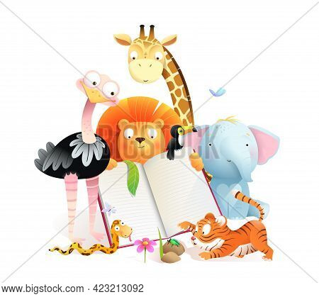 Montessori African Animals Class Reading A Book And Studying. Giraffe Tiger Lion Elephant And Ostric