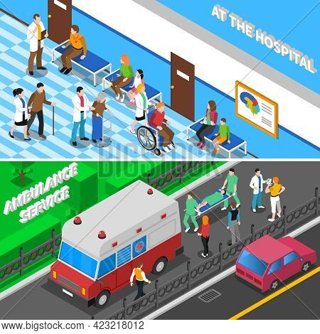 Hospital Emergency Department Entrance With Ambulance And Waiting Room For Patients 2 Isometric Bann