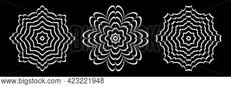 Striped Lines Circle Patterns. Decorative White Design Elenents On Black Background. Vector Illustra
