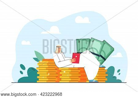 Rich Arab Man Lying On Gold Coins Flat Vector Illustration. Successful Businessman In National Costu