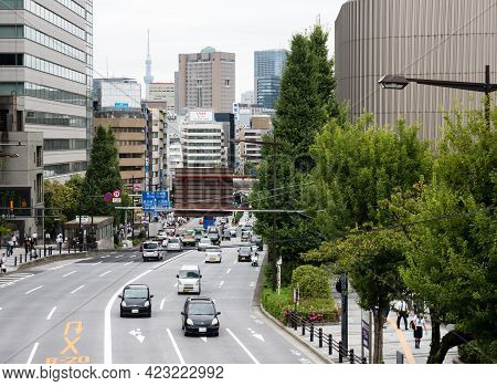 Tokyo, Japan - August 19, 2018: View Of Yasukuni-dori Avenue Near The Entrance To Yasukuni Shrine On
