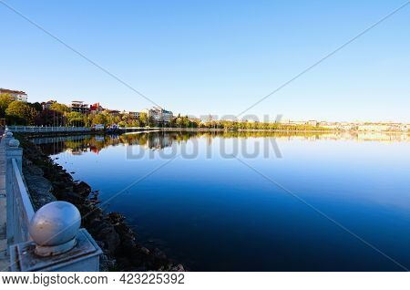 Ternopil, Ukraine-may 12, 2021:wide-angle Morning Landscape View Of City Lake In Ternopil. Buildings