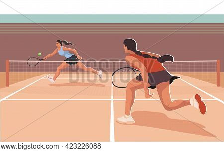 Female Tennis Player Runs To Hit The Ball With A Racket Isolated On Transparent Background. Sportspe