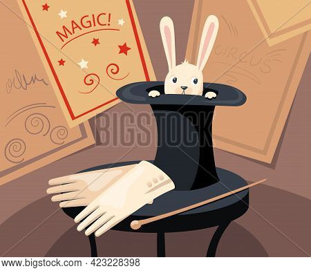 Cute Rabbit Character Hiding In Top Hat Vector Illustration. Headwear With Wild Animal, Gloves And W