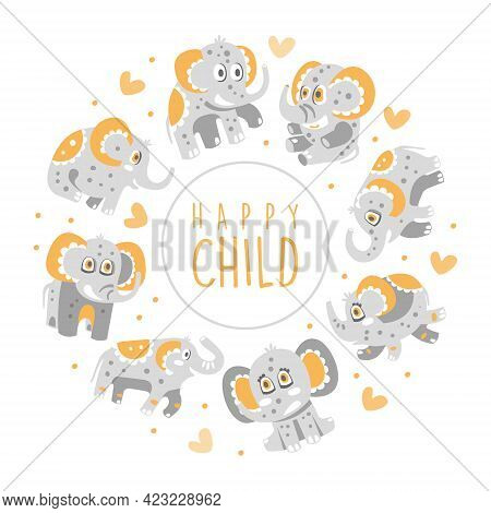 Cute Elephant Character With Trunk And Tusks Arranged In Circle Vector Template