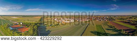Drone Image Of The German, Southern Hessian Village Schneppenhausen Near Darmstadt At Sunset