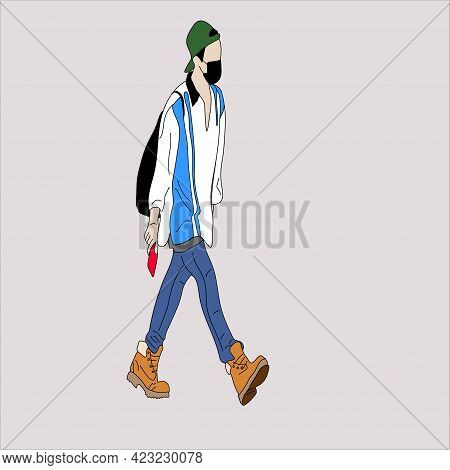 Vector Illustration Of Kpop Street Fashion. Street Idols Of Koreans. Kpop Men's Fashion Idol. A Guy 