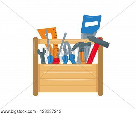 Carpenter Or Repair Tool Box With Instruments Inside. Wooden Workbox With Tools Isolated On White Ba