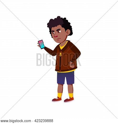 Frustrated African Boy Reading Sms Message On Phone Screen Cartoon Vector. Frustrated African Boy Re