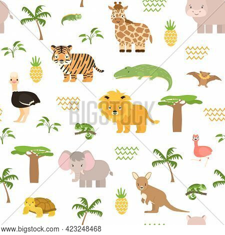 Safari Summer Animals Seamless Pattern. Cute Vector Chameleon, Crocodile Lion, Tiger Elephant, Flami