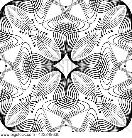 Abstract Floral Seamless Pattern With Black Line Oriental Ornament Swirl Geometric Doodle Asian Fabr