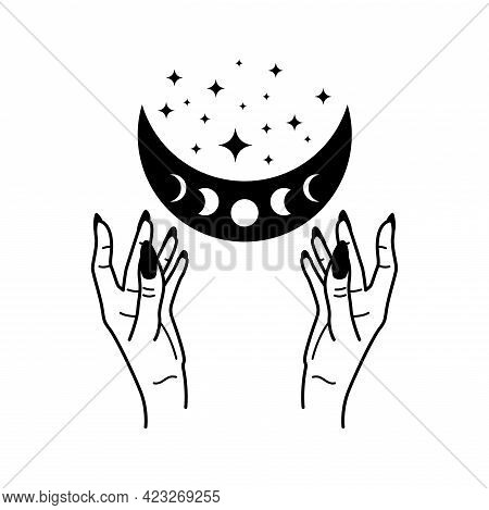 Esoteric Concept Mystic Symbols And Hands Black Vector Illustration.