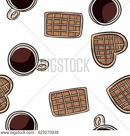 Belgian Waffles And Coffee Cups Doodles Seamless Border Pattern. Cute Cartoon Tasty Breakfast Repeat