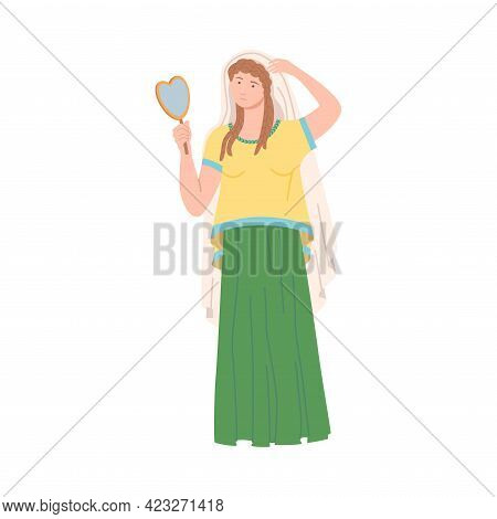 Roman Woman Wearing Long Tunic And Sandals Looking In The Mirror Vector Illustration