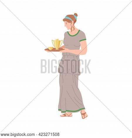 Roman Woman Wearing Long Tunic And Sandals Carrying Greek Ceramic Amphora Vector Illustration