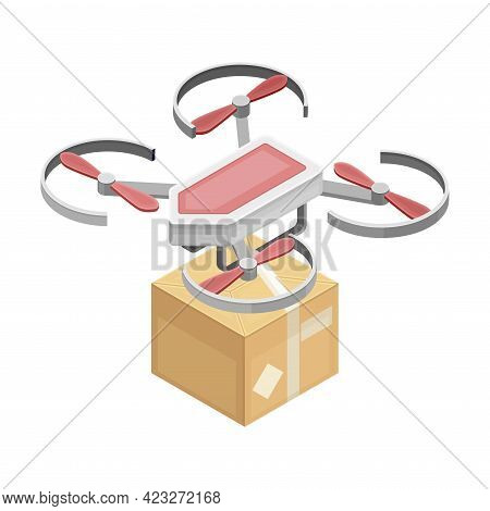 Drone As Aerial Vehicle Delivering Parcel In Carton Box As Smart City Isometric Vector Illustration