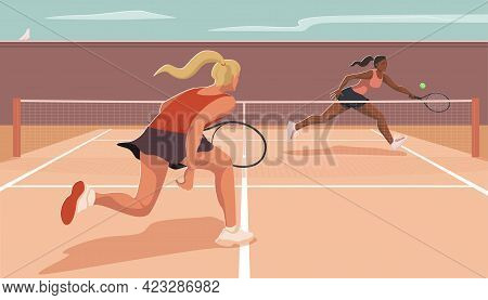 Female Tennis Player Runs To Hit The Ball With A Racket Isolated On Transparent Background. Sportspe