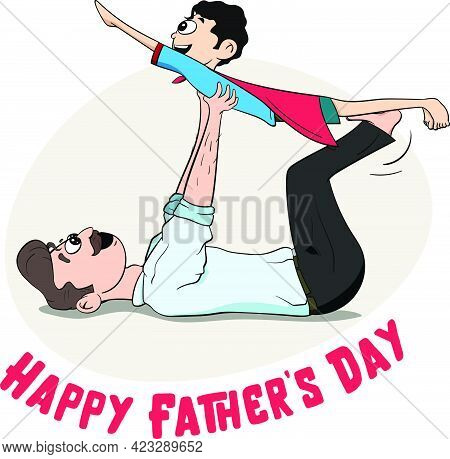 Happy Father's Day Vector Graphic. Kids Playing With Father. Father Dressed As A Superhero With A Ca