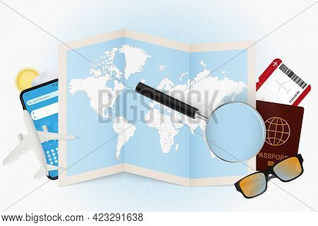 Travel Destination Kiribati, Tourism Mockup With Travel Equipment And World Map With Magnifying Glas