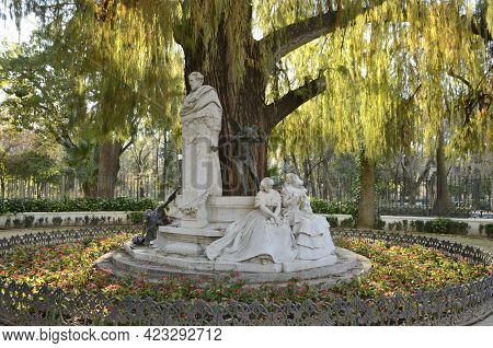 Seville, Spain - February 9, 2021: Monument Dedicated To The Romantic Poet 