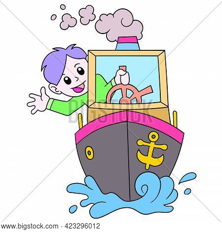 The Boy Who Was Riding The Ship Became The Captain With Joy, Vector Illustration Art. Doodle Icon Im