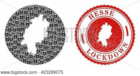 Vector Mosaic Hesse Land Map Of Locks And Grunge Lockdown Stamp. Mosaic Geographic Hesse Land Map Cr
