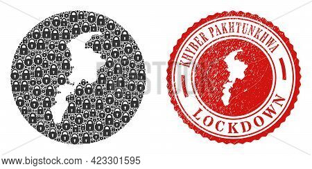 Vector Mosaic Khyber Pakhtunkhwa Province Map Of Locks And Grunge Lockdown Seal Stamp. Mosaic Geogra