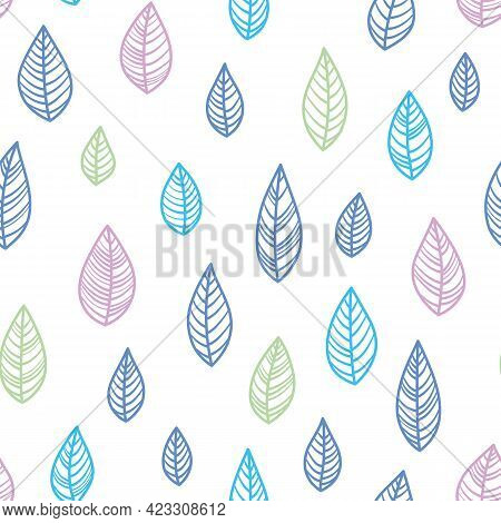 Blue Leaves Repeat Pattern Background. Hand Drawn Abstract Seamless Textures. Surface Pattern Design